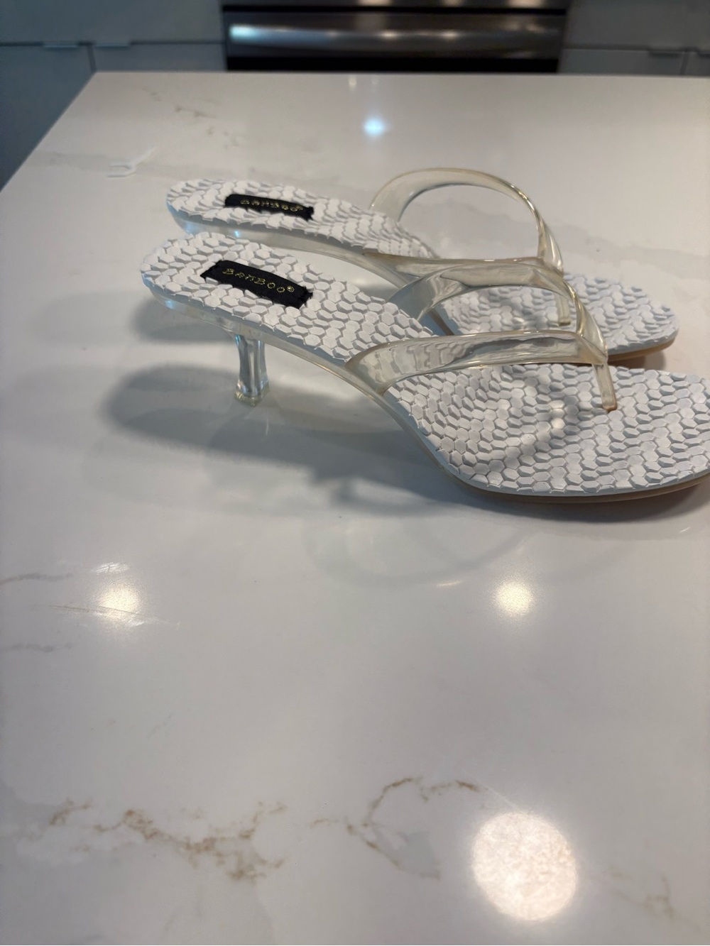 Clear Strap White Textured Kitten Heel Sandals